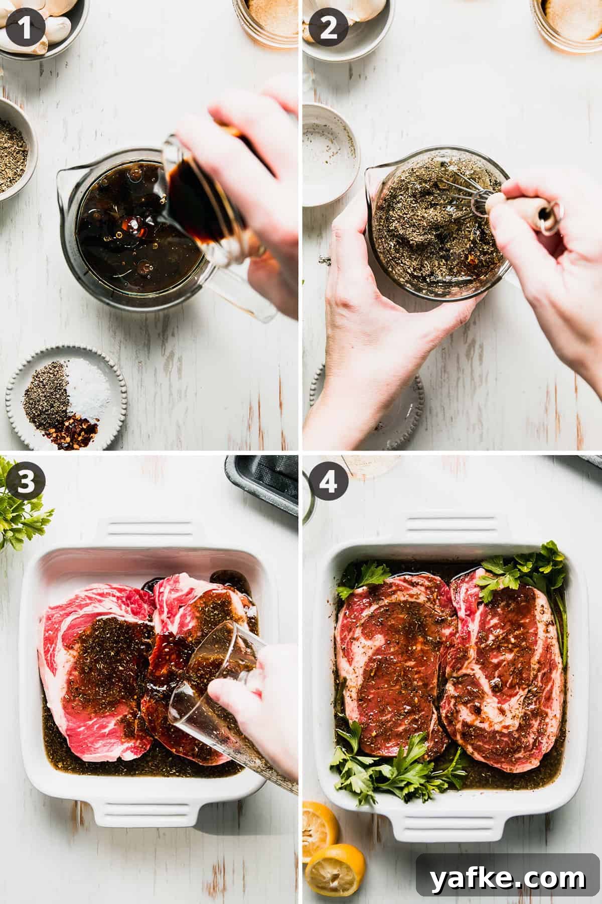 Gluten-Free Steak Marinade Recipe for Juicy Grilled Steak 4 Image collage: pouring tamari sauce into measuring cup, whisking the mixture, pouring marinade over steaks in white dish, steaks with marinade on top with fresh parsley.