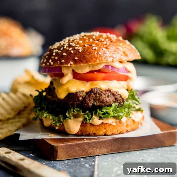 Hamburger topped with sauce, tomato, onion, and lettuce on wood cutting board.