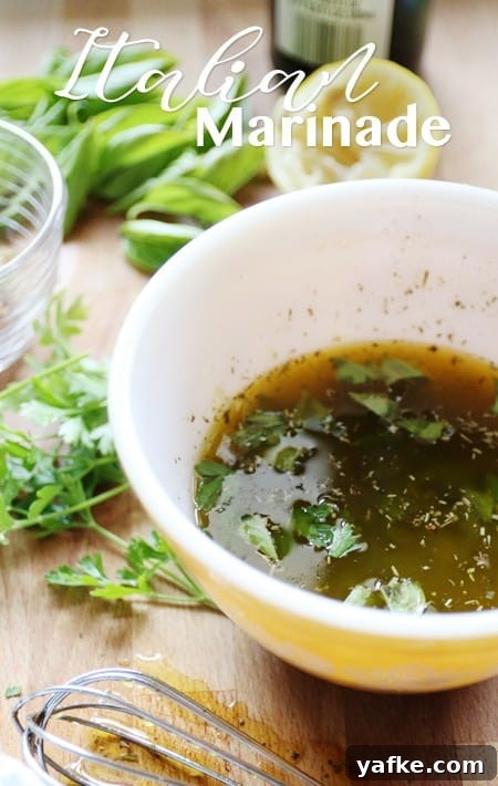 a pyrex bowl containing marinade and parsley leaves, fresh parsley on a cutting board