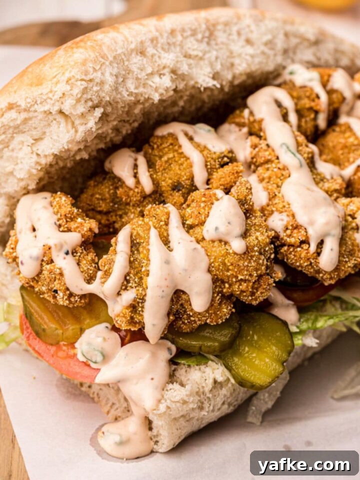 Po Boy bread filled with crispy fried oysters and remoulade sauce drizzled over the top