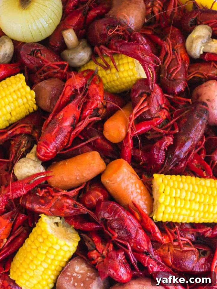 A large platter of boiled crawfish from a crawfish boil, with corn, sausage, potatoes, mushrooms and dip.