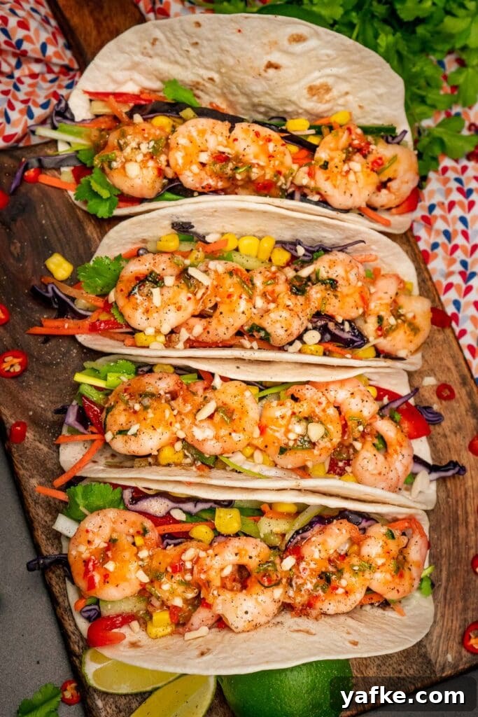 Crispy Shrimp Tacos with Sweet Chili Sauce 2 Sweet chilli prawn tacos filled with a cabbage, carrot, cucumber, pepper and coriander salad, king prawns coated in sweet chilli sauce and sprinkled crushed nuts over the top served on a wooden chopping board