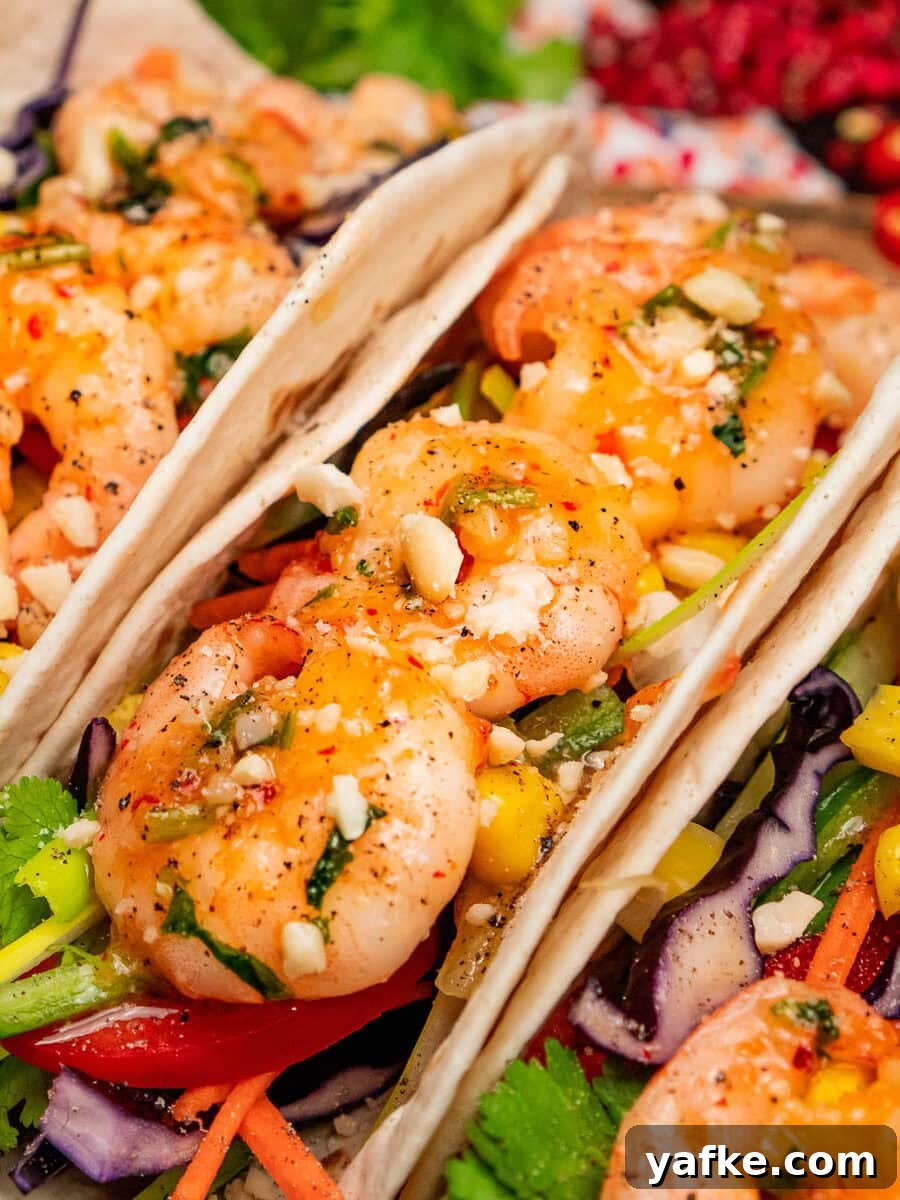 Crispy Shrimp Tacos with Sweet Chili Sauce 16 Prawn tacos filled with salad, king prawns and sweet chilli sauce and crushed nuts sprinkled over the top