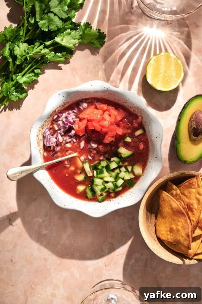 Classic Mexican Shrimp Cocktail with Tangy Tomato Salsa 4 A bowl of refreshing Mexican Shrimp Cocktail-inspired tomato soup, topped with diced tomatoes, cucumbers, and onions. Accompanied by cilantro, a lime half, creamy avocado slices, and a side of crunchy tortilla chips for the perfect touch.