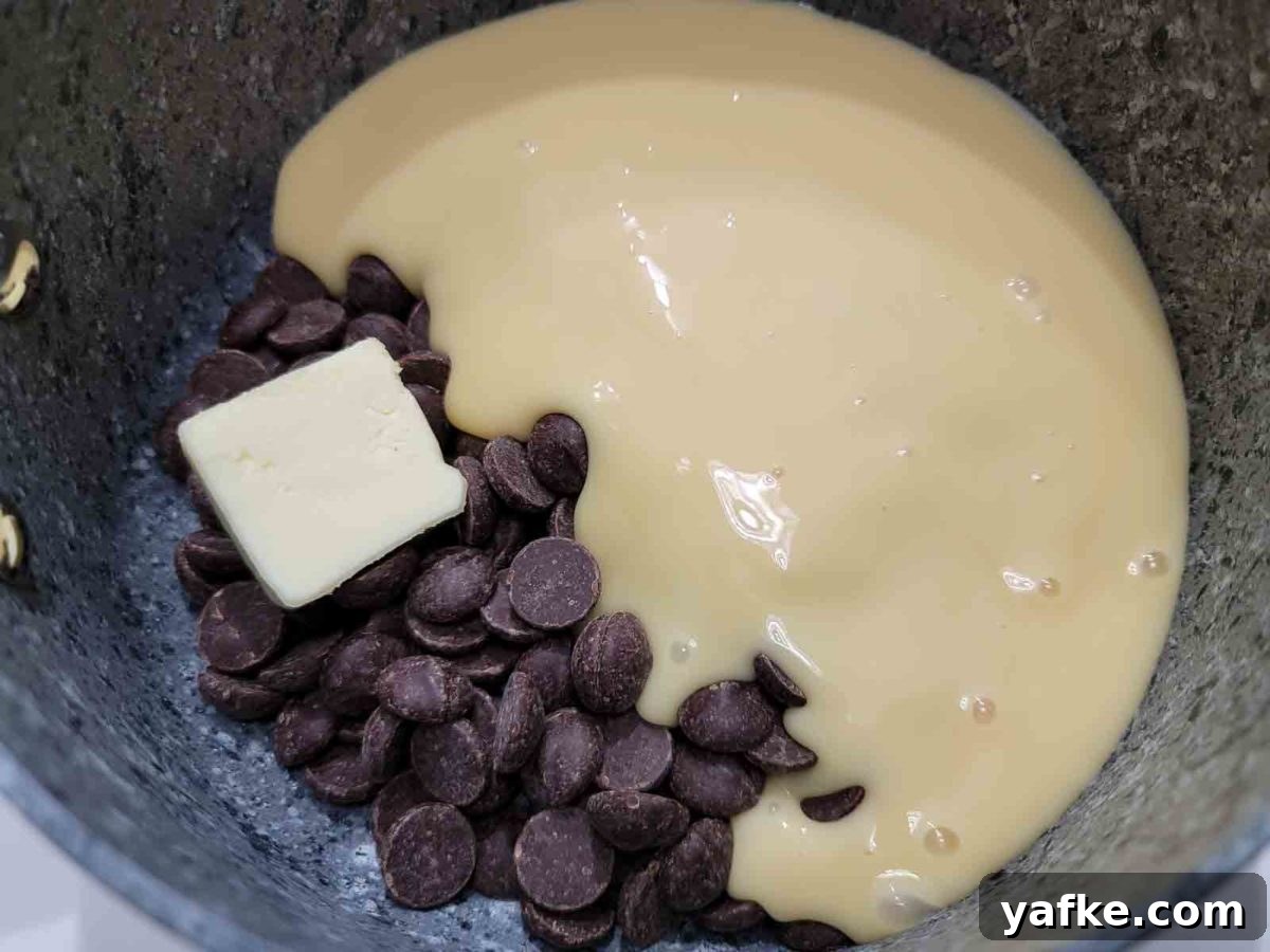 Decadent 4-Ingredient Chocolate Fudge 4 chocolate chips and the condensed milk, and butter in a sauce pan.