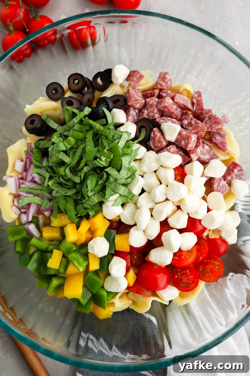 Italian Tortellini Pasta Salad Recipe 4 A large clear bowl filled with cheese tortellini, diced salami, tomatoes, bell pepper, red onion, black olives, mozzarella balls and fresh basil