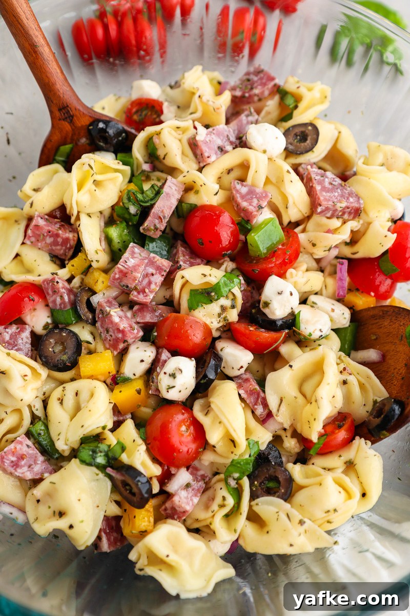Italian Tortellini Pasta Salad Recipe 5 A large clear mixing bowl filled with Italian tortellini pasta salad tossed in a homemade red wine vinaigrette