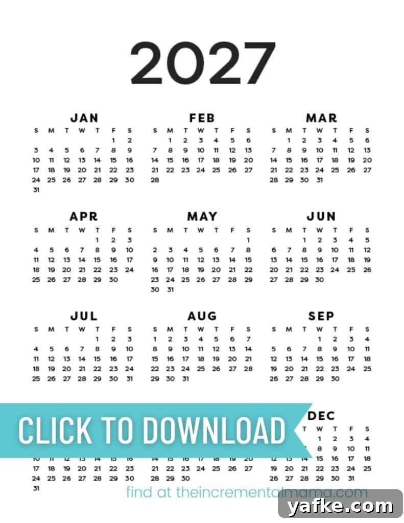 12 Free Printable One-Page Yearly Calendars 2025-2027 4 Simple 2027 calendar