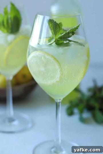 two wine glasses full of limoncello spritz with lemons and mint in the glasses