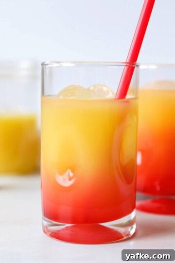Vodka sunrise in a small cocktail glass with red straw.