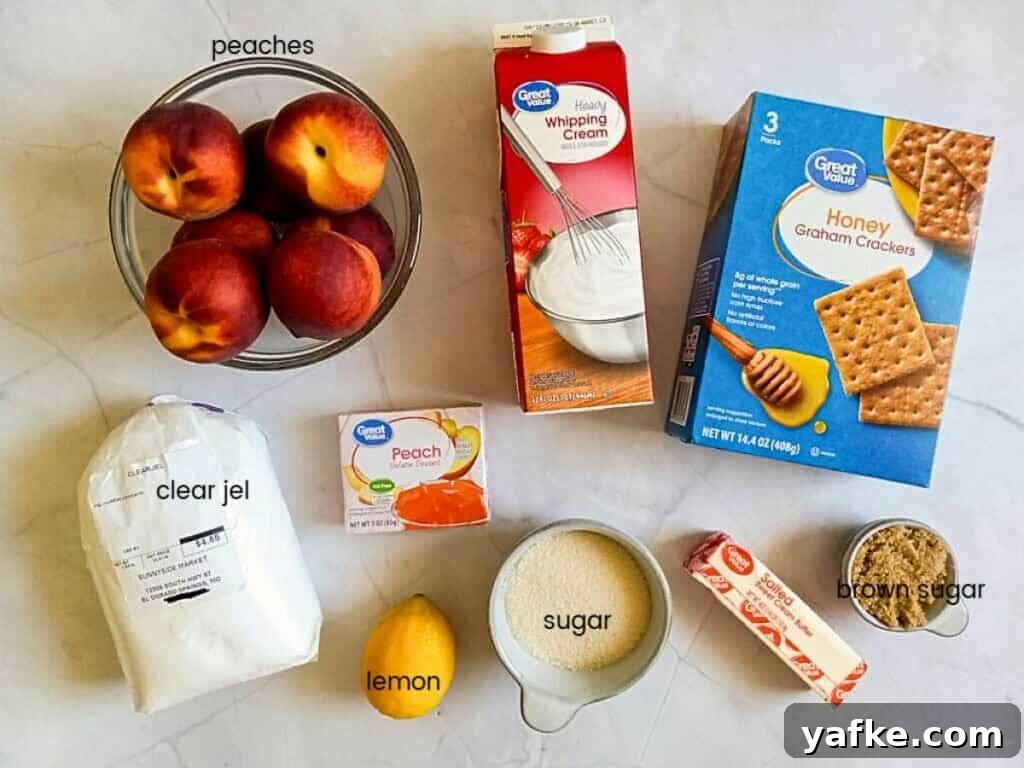 How to Make Authentic Amish Fresh Peach Pie 2 Ingredients: peaches, graham crackers, butter, brown sugar, sugar, lemon juice, peach jello, and clear jel.