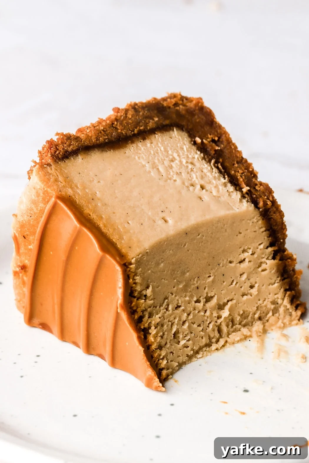 Creamy Lotus Biscoff Cheesecake Recipe 9 slice of cheesecake on it's side with a bite taken out