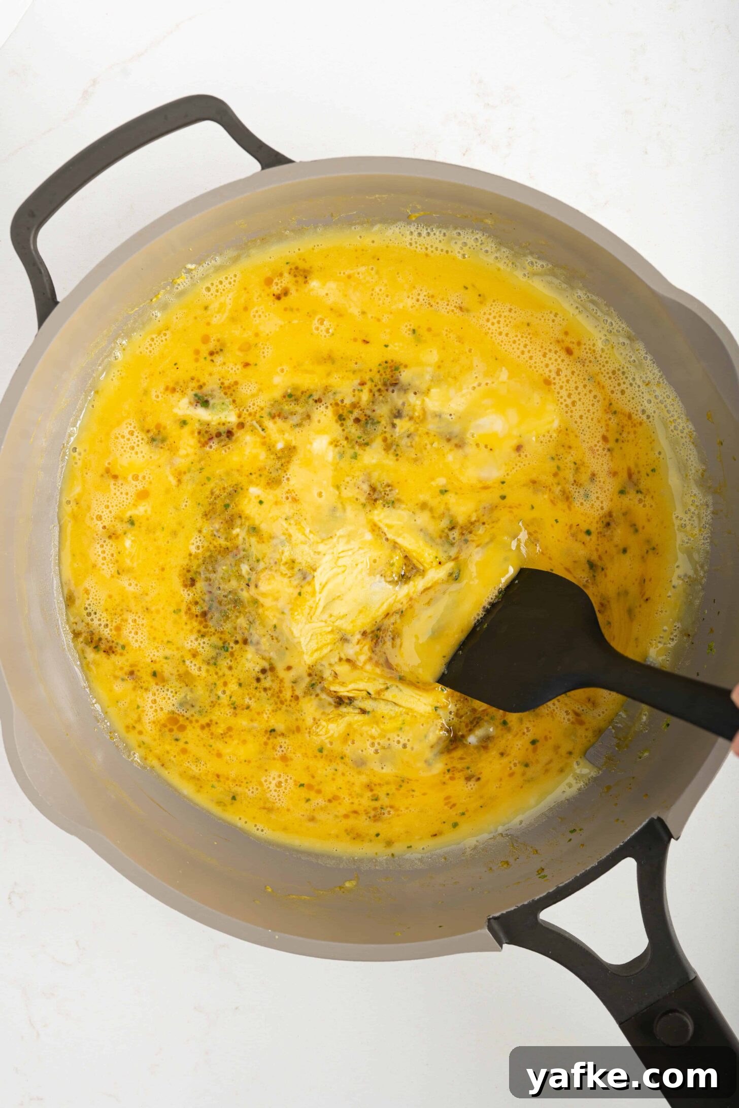 A pan of scrambled eggs