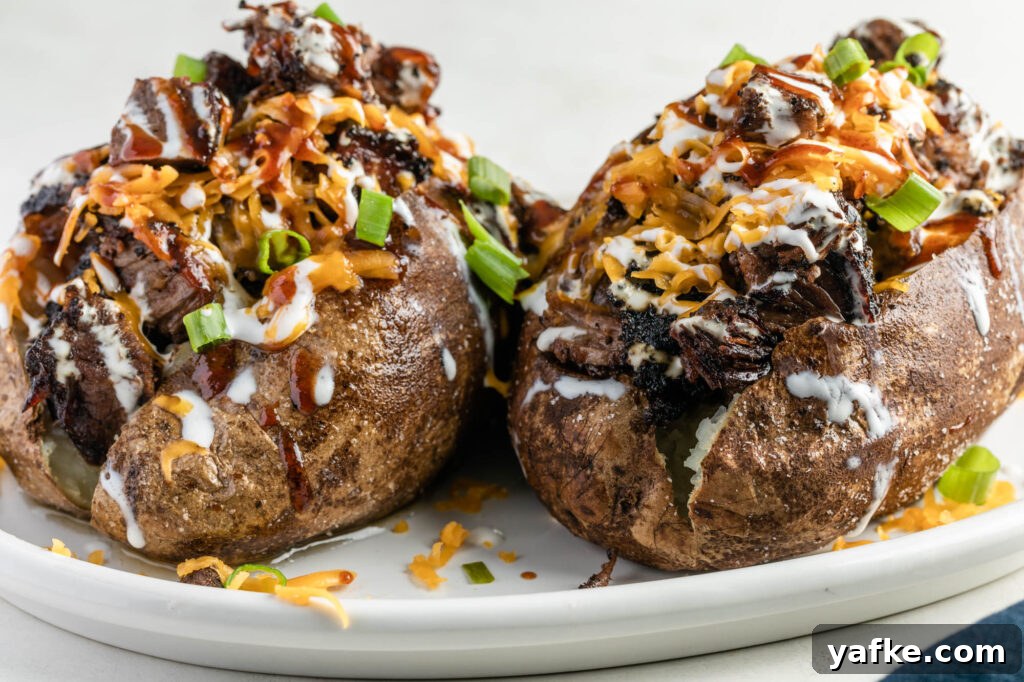 BBQ Brisket Baked Potato Recipe 3 two brisket baked potatoes with cheese and green onions