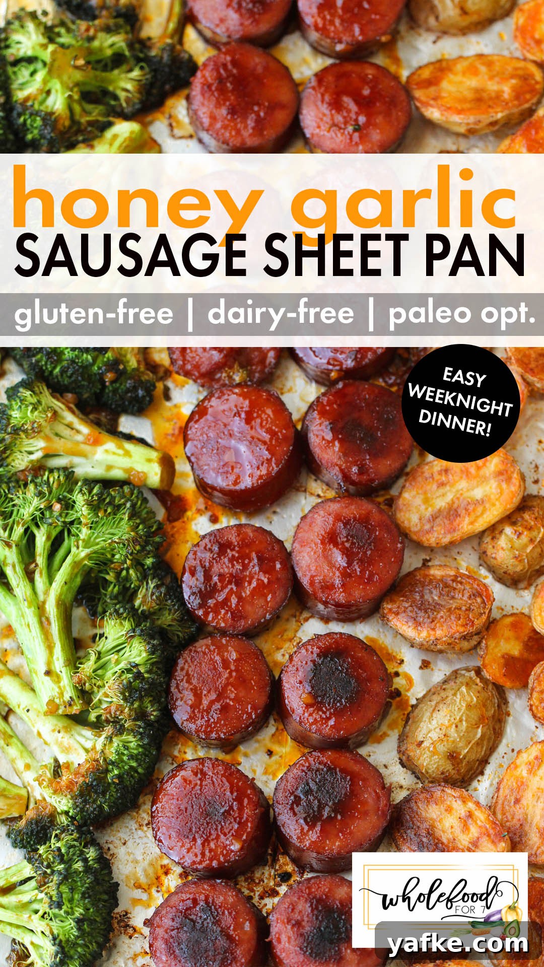 Honey Garlic Sausage Sheet Pan Dinner (Gluten Free, Dairy Free) 2 This easy sheet pan dinner is a great weeknight dinner option made with simple ingredients, quick prep and minimal chopping, and kid-approved flavors. It’s gluten-free and dairy-free, nut-free and egg-free, and cooks on one pan to clean for an easy, family-friendly meal. 🍽️