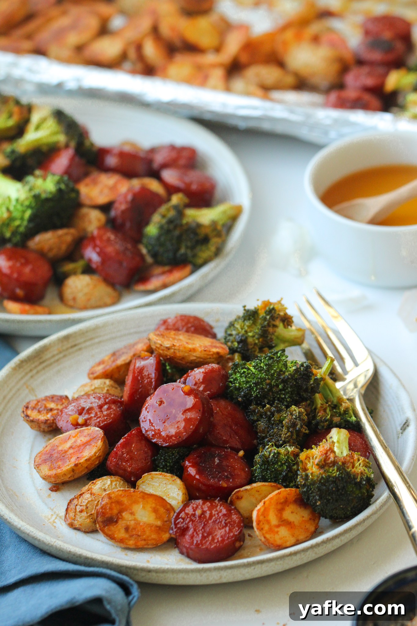 Honey Garlic Sausage Sheet Pan Dinner (Gluten Free, Dairy Free) 4 Sheet pan with sausage, potatoes and broccoli