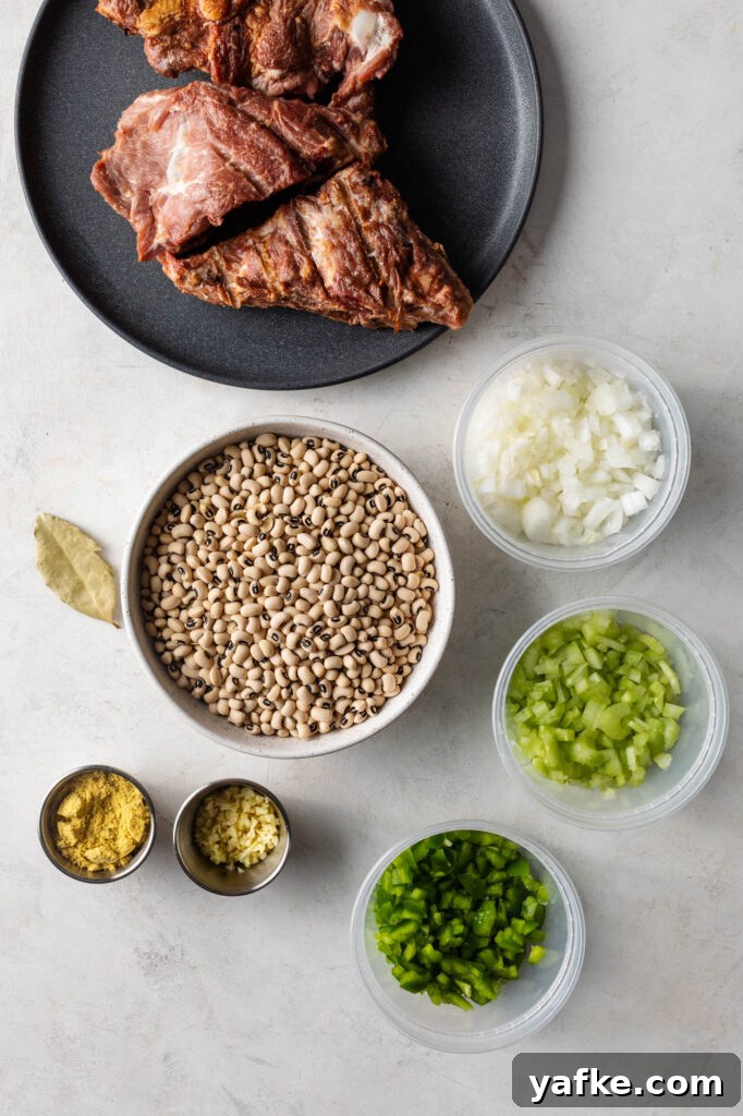 How to Cook Black-Eyed Peas for Tender, Flavorful Results 2 black eyed peas ingredients. smoked neck bones, black eyed peas, diced onion, diced celery, diced green bell pepper, minced garlic, chicken bouillon powder, and a bay leaf
