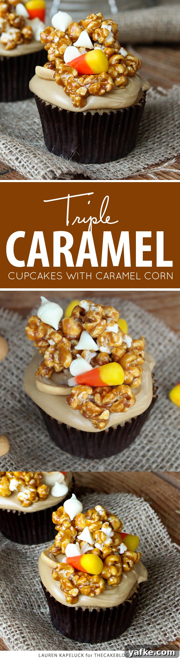 Caramel Corn Cupcakes for Halloween - caramel cupcakes topped with caramel frosting and caramel popcorn studded with candy corn and cashews | by Lauren Kapeluck for TheCakeBlog.com