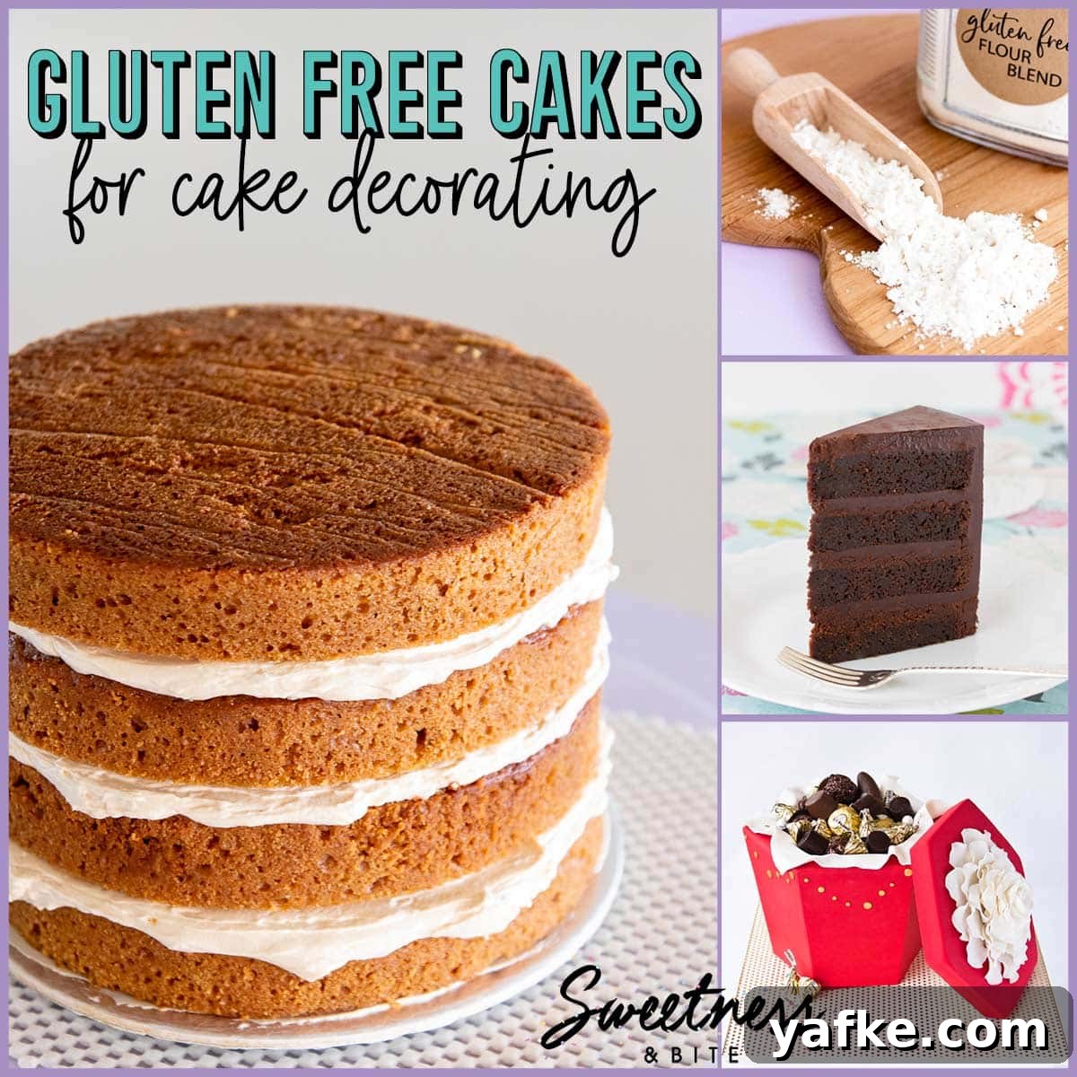 Gluten-Free Cake Recipes for Decorating 2 Collage of gluten free cakes with text overlay reading "gluten free cakes for decorating".