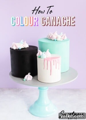 Gluten-Free Cake Recipes for Decorating 12 Three ganache covered cakes, black, white and teal, on a cake stand with text overlay reading: "how to colour ganache".