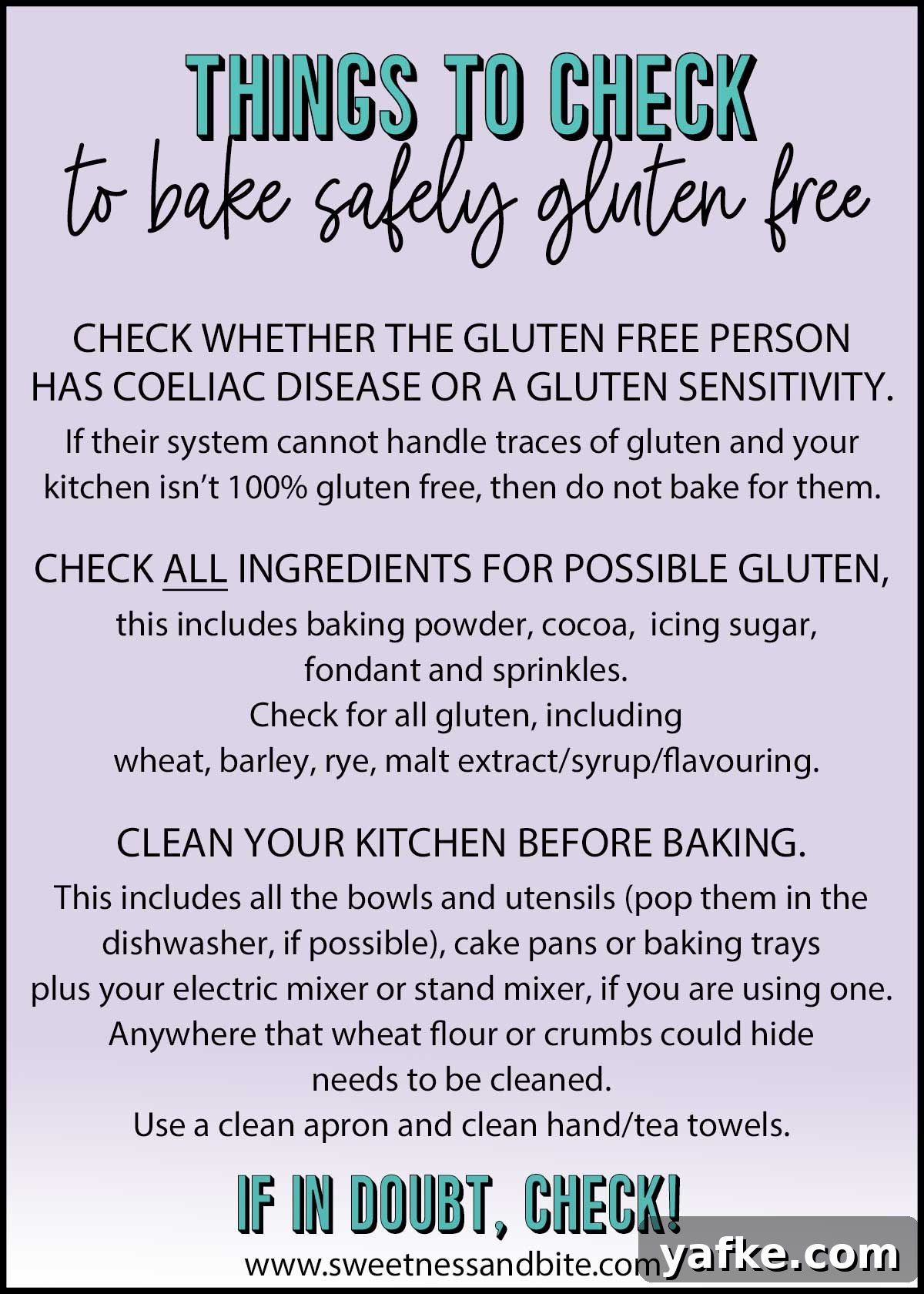 Gluten-Free Cake Recipes for Decorating 3 Infographic showing the tips mentioned in the post for baking gluten free.