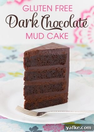 Gluten-Free Cake Recipes for Decorating 4 A slice of dark chocolate mud cake on a white plate.