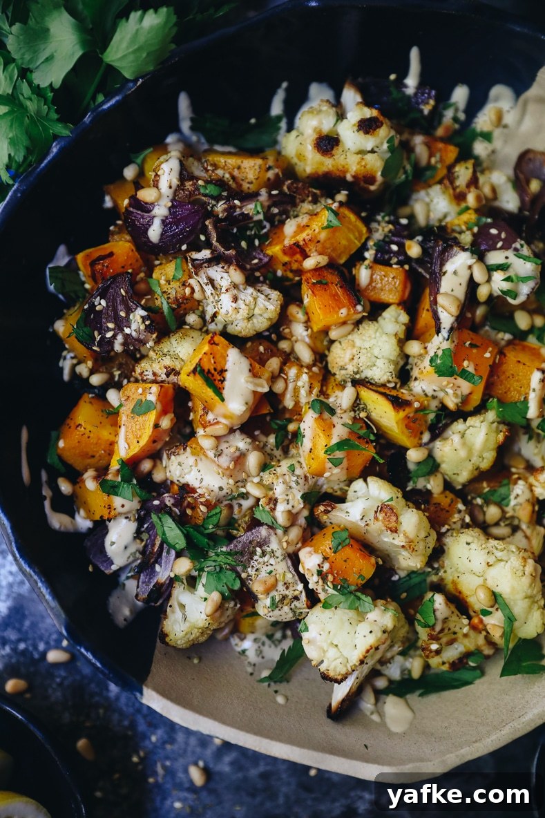Oven Roasted Vegetables with Creamy Tahini Sauce 8 Platter of roasted vegetables with tahini