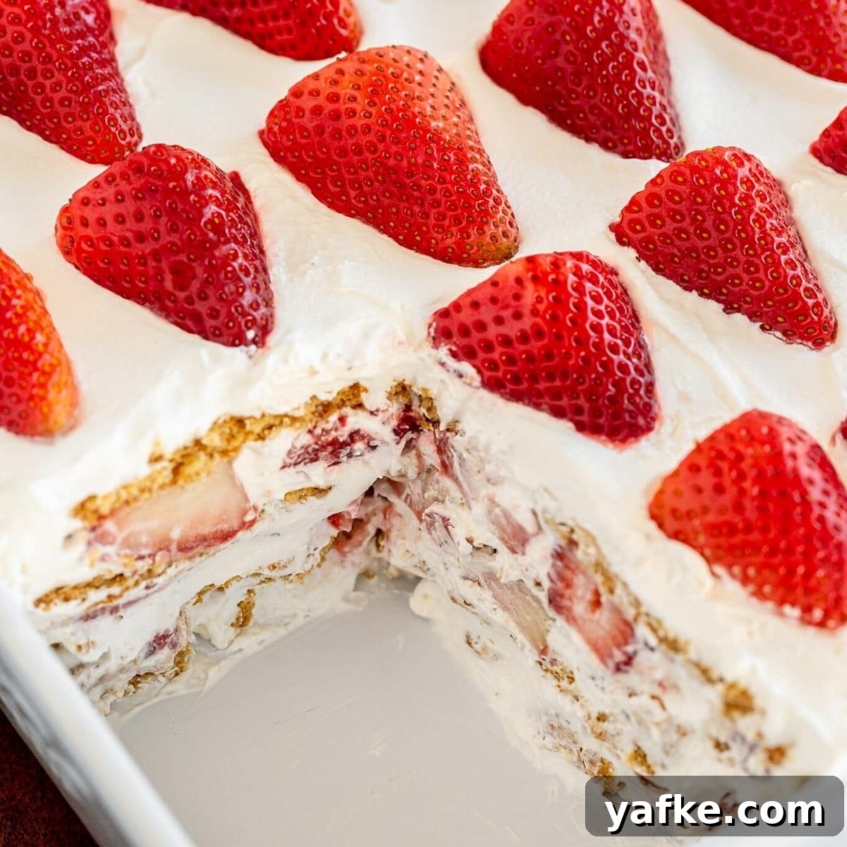 21 Patriotic Canada Day Desserts 15 strawberry icebox cake in a white rectangular dish (with a piece missing)