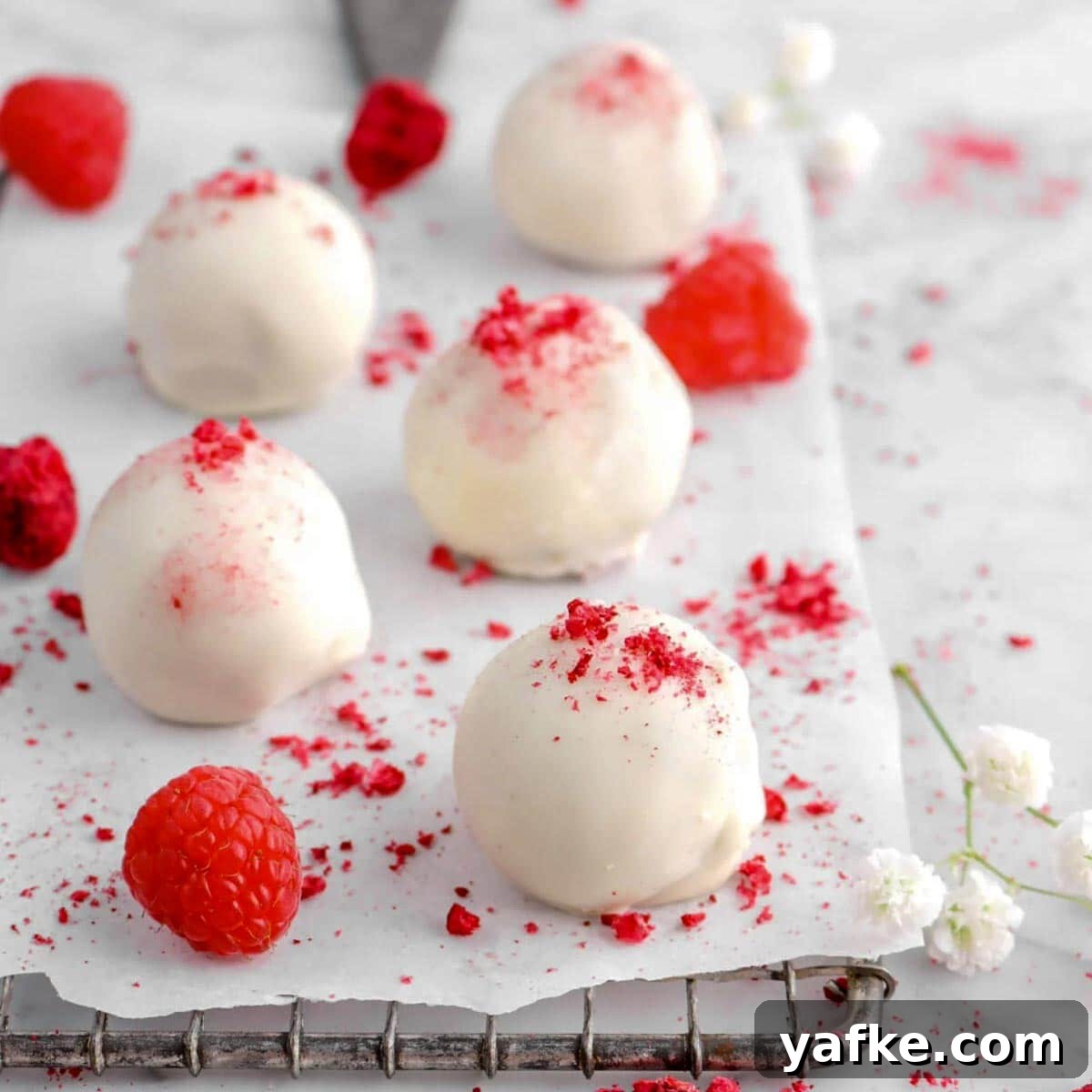 21 Patriotic Canada Day Desserts 16 white raspberry truffles on a parchment lined wire rack