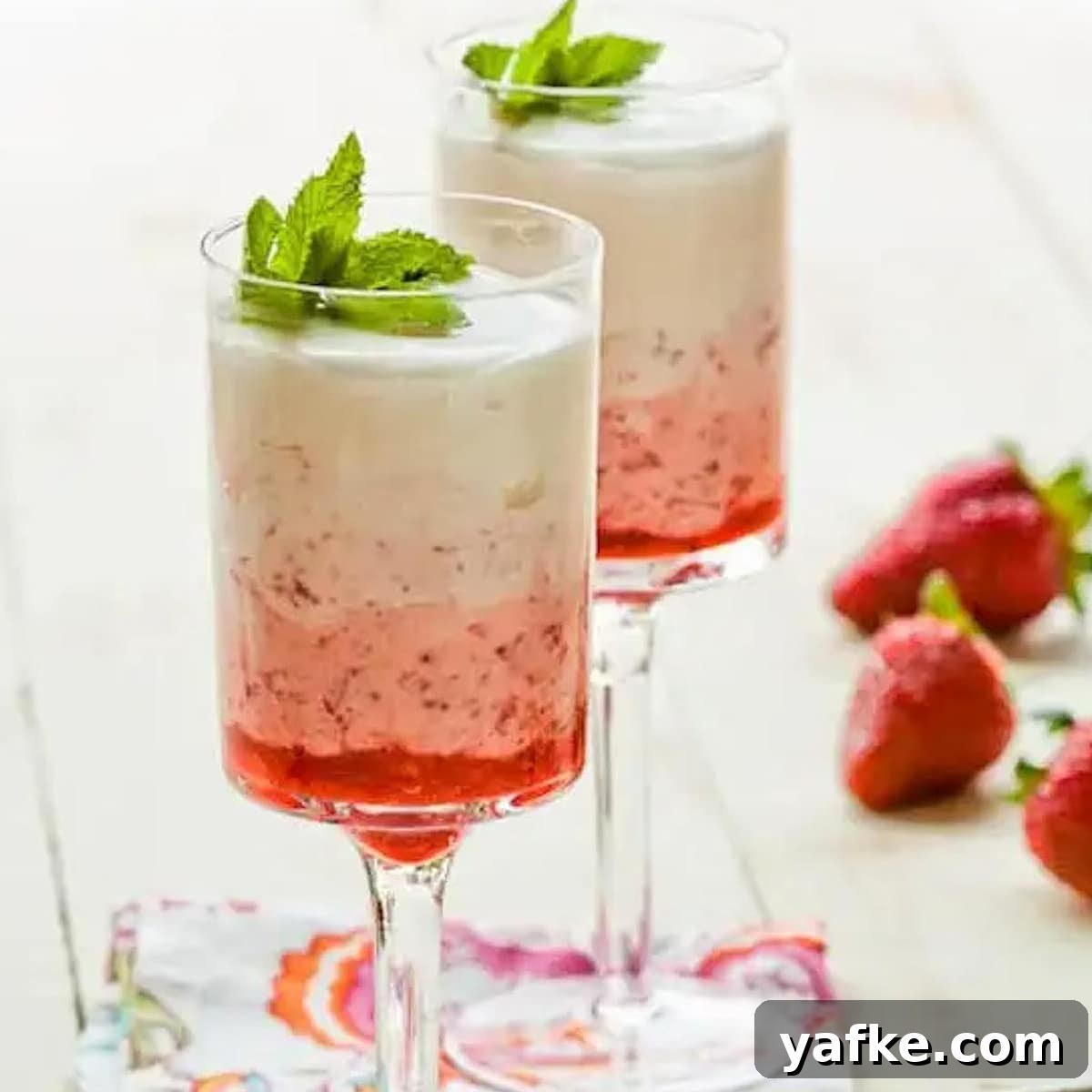 21 Patriotic Canada Day Desserts 17 2 strawberry fool parfaits in tall parfait glasses with whole strawberries in the background