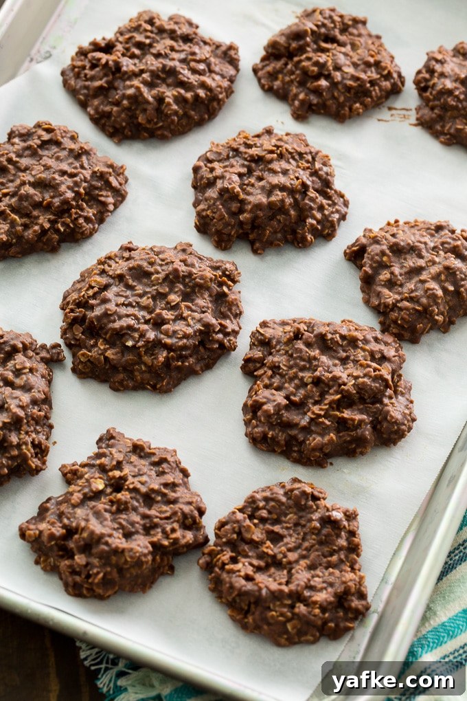 Chewy No-Bake Chocolate Oatmeal Cookies 7 No-Bake Chocolate Oatmeal Cookies on baking sheet.
