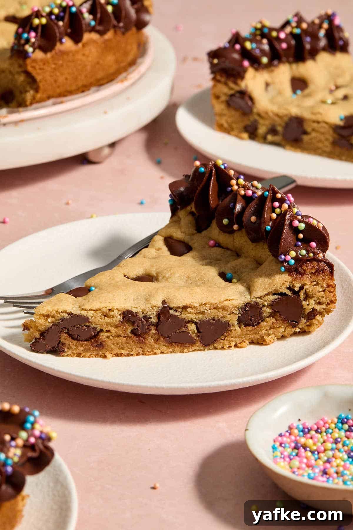 Almond Flour Cookie Cake with Peanut Butter and Chocolate Chips 14 Side view of a slice of cookie cake on a white plate with a fork.