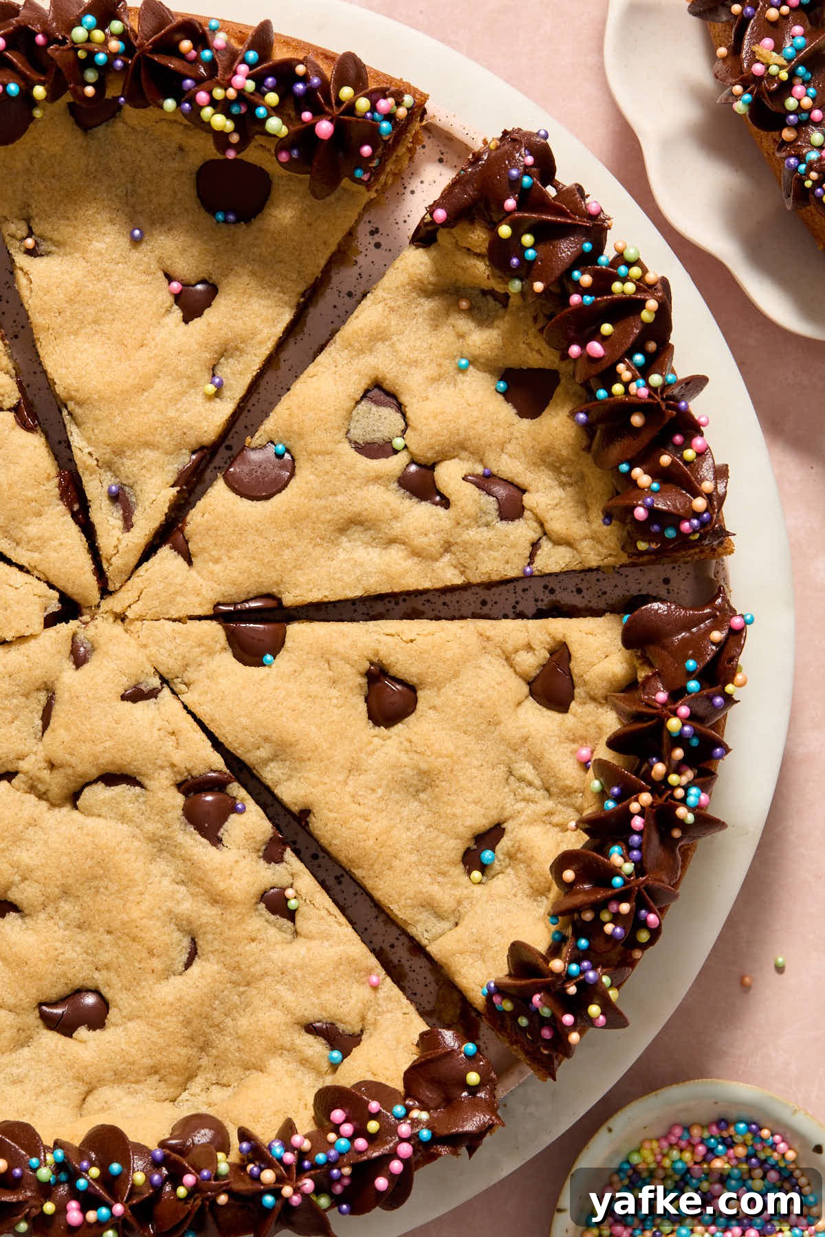 Almond Flour Cookie Cake with Peanut Butter and Chocolate Chips 15 Close up overhead view of cookie cake sliced on a cake plate.