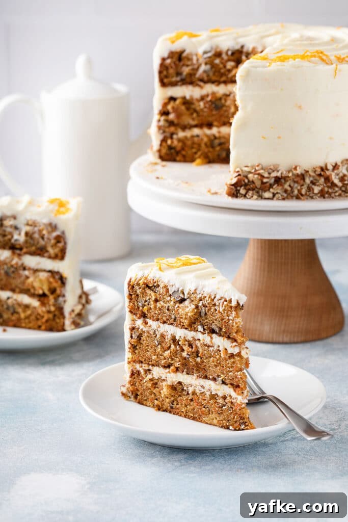 Carrot Cake Recipe with Grand Marnier Cream Cheese Frosting 2 Sliced of layered carrot cake next to a cut up round cake.