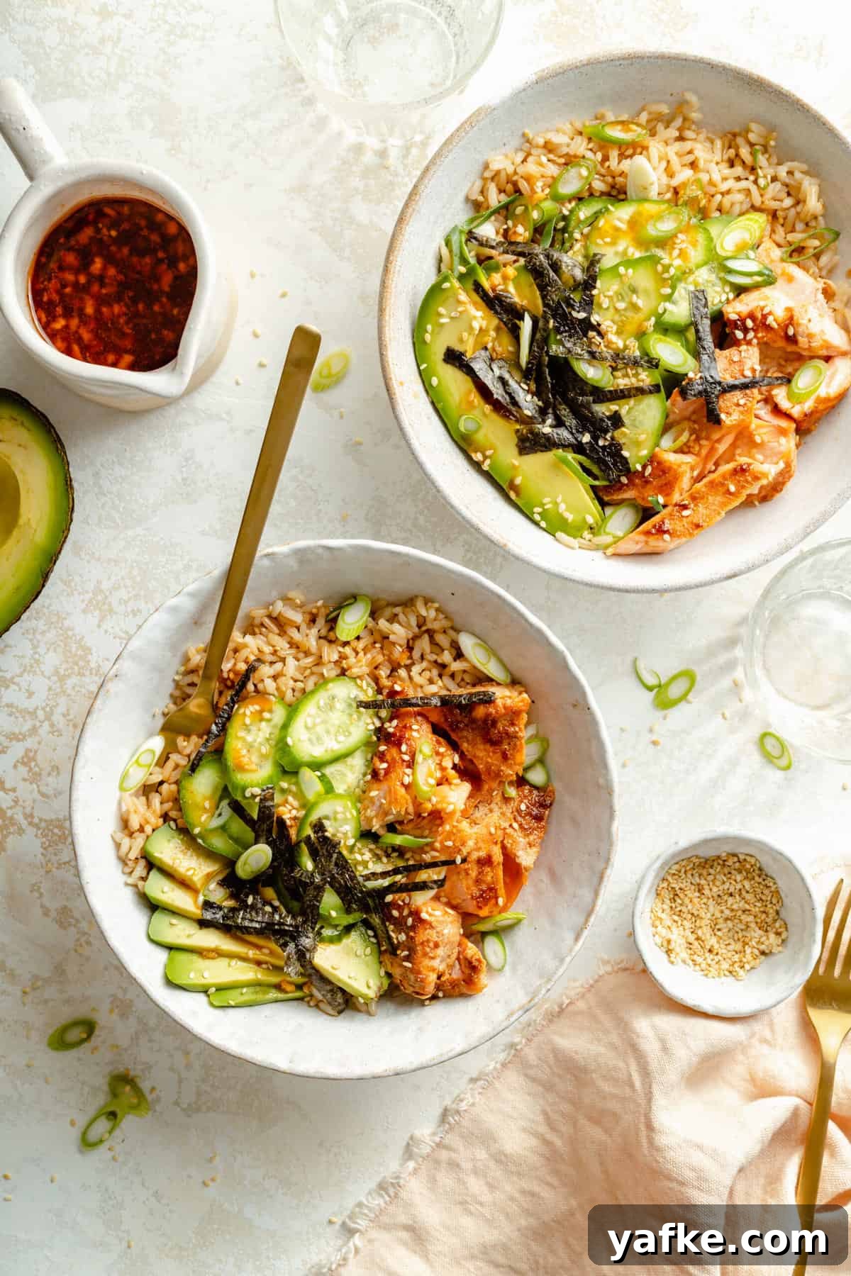 Oven-Baked Salmon Sushi Bowls with Sticky Rice and Avocado 2 Baked Salmon Sushi Bowls