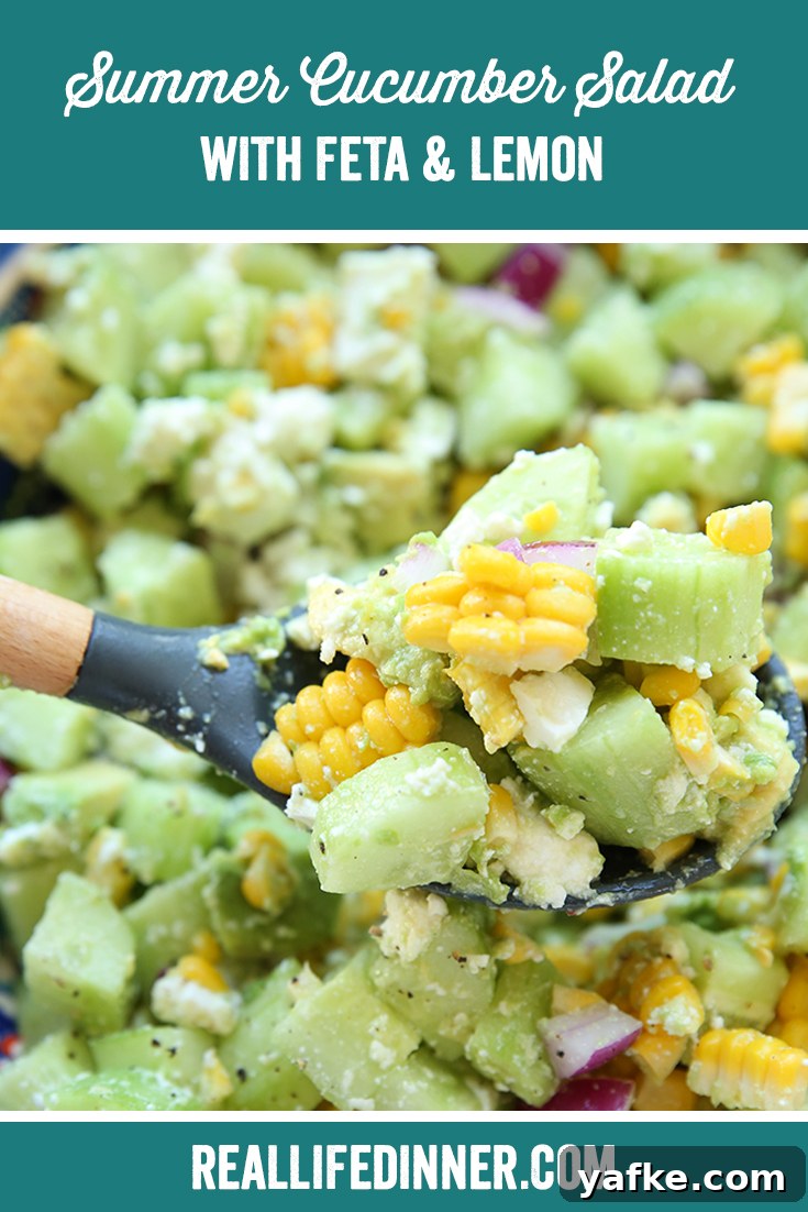 Crisp Summer Cucumber Salad with Lemon and Feta Recipe 7 Pinterest picture with the text "Summer Cucumber Salad with Feta & Lemon" at the top.