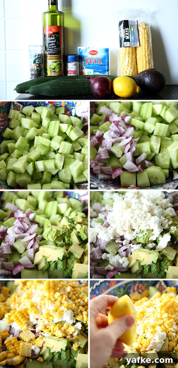 7-photo picture collage of step-by-step photos of how to make summer cucumber salad with feta and lemon.