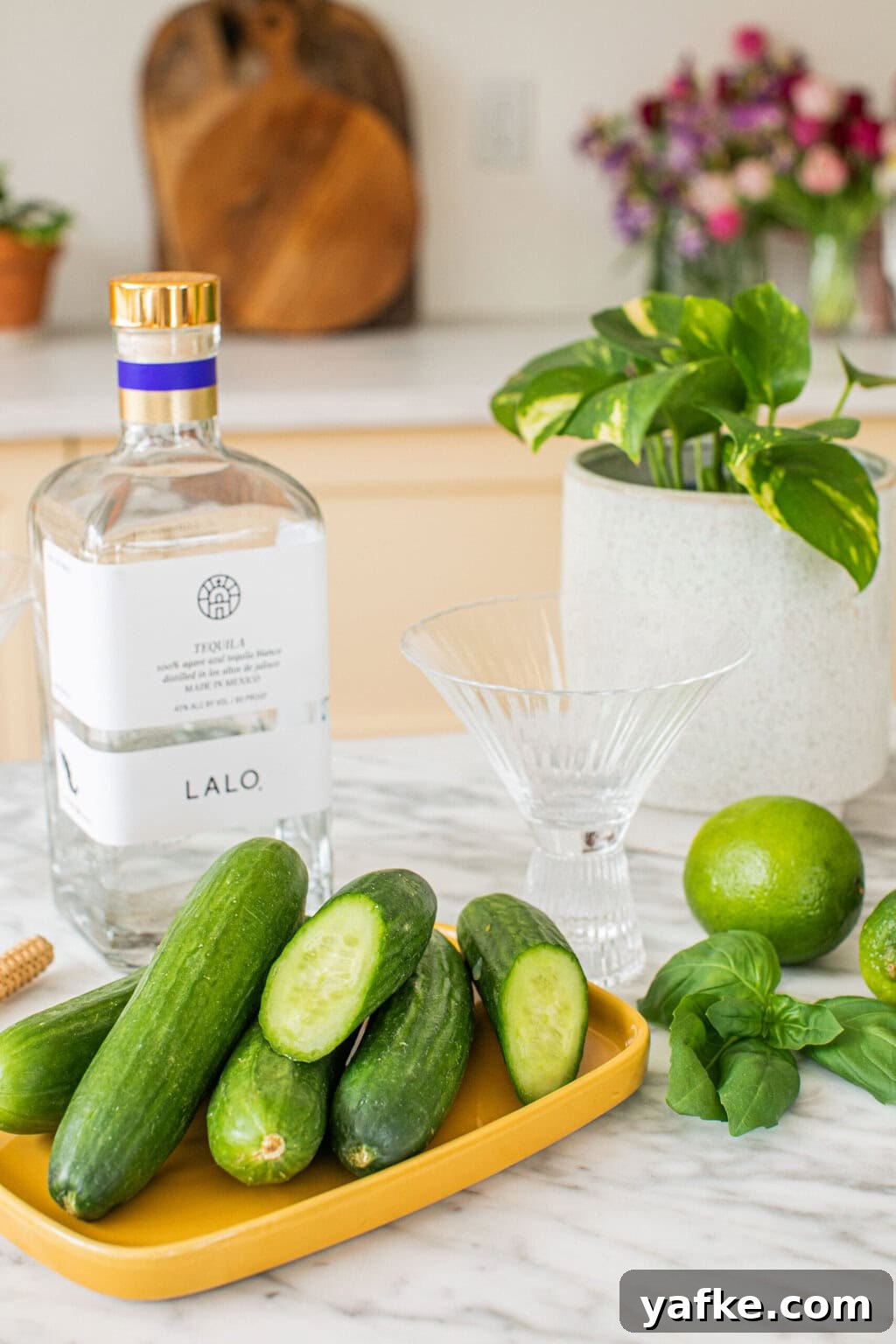tequila, cucumbers, basil, lime, and a martini glass