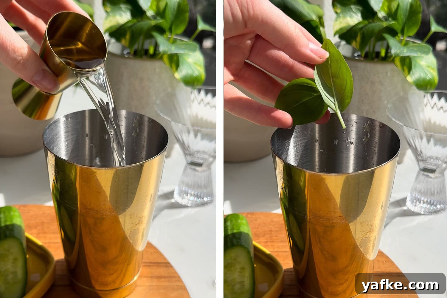 add tequila and basil leaves