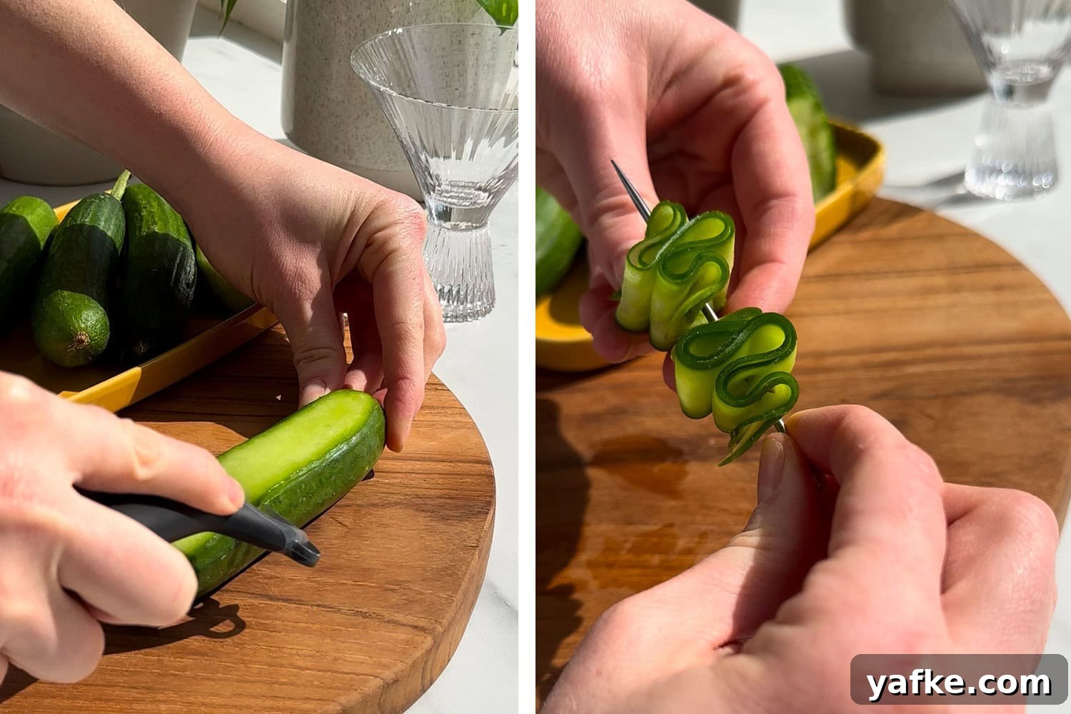 peel cucumber and skewer it to create a garnish