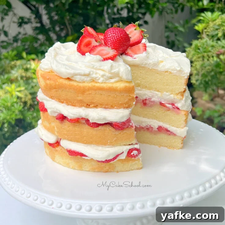 Strawberry Shortcake Cake on a white pedestal