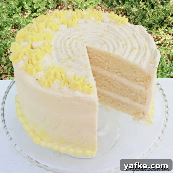 Lemon Buttermilk Cake, sliced, on a glass pedestal.