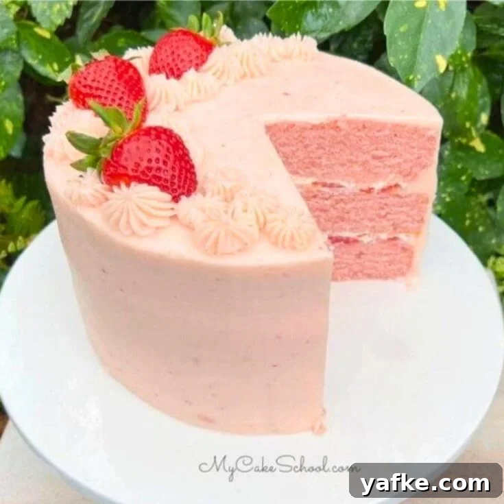 Homemade Strawberry Cake, sliced on a cake pedestal.