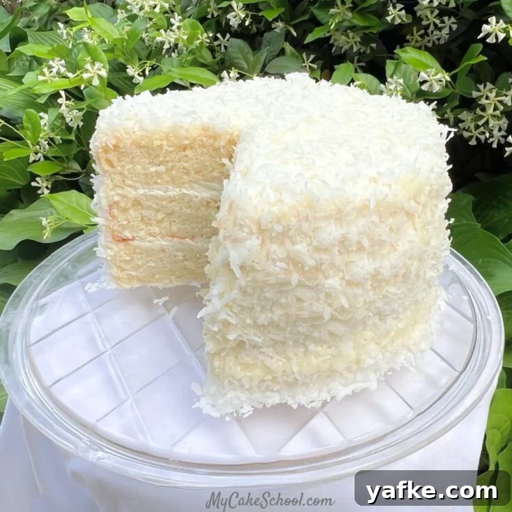Easy Coconut Cake, sliced on a cake plate.