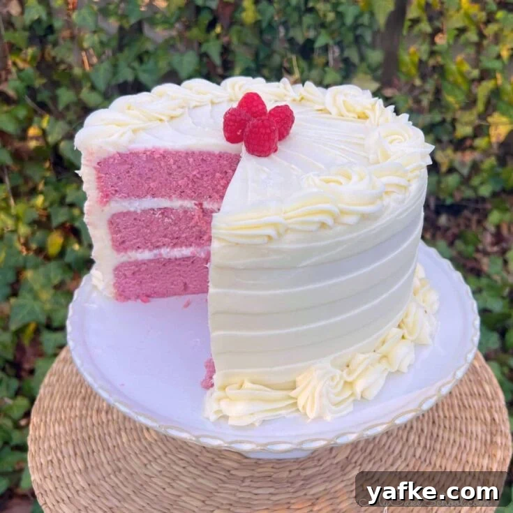 Raspberry Velvet Cake, sliced, on a cake pedestal.