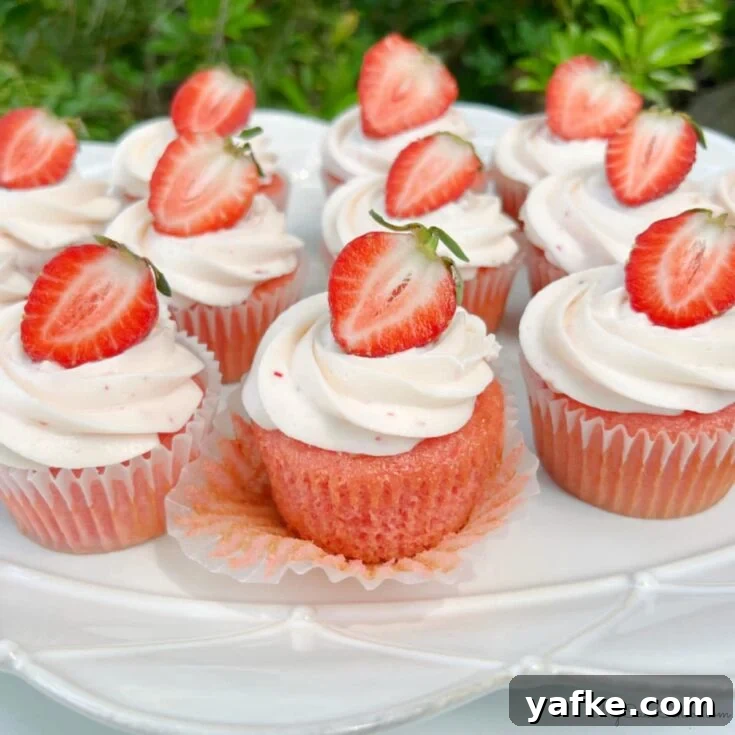 Frosted strawberry cupcakes on a platter, topped with strawberry halves.