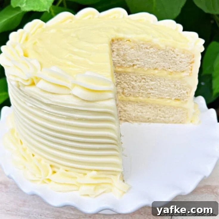 Banana Cream Cake, sliced, on a cake pedestal.
