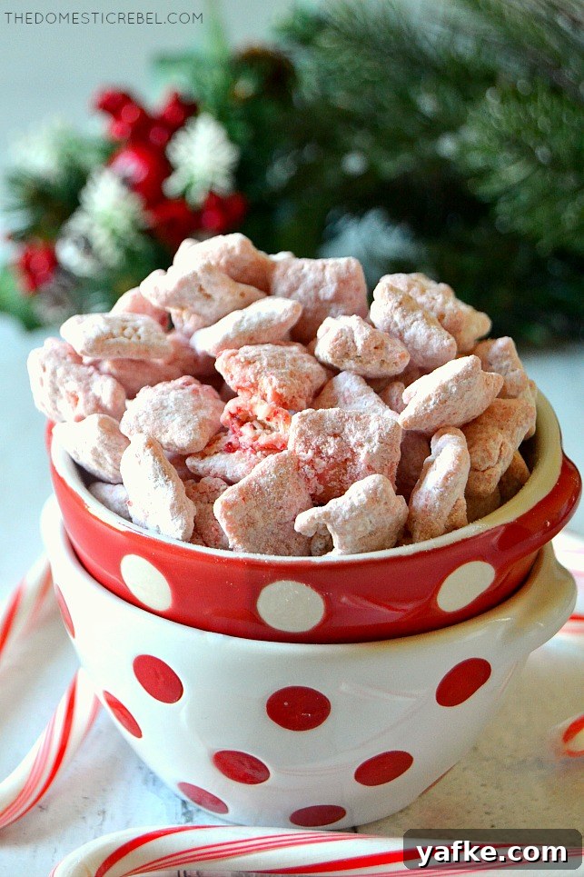 Red and white bowl of peppermint candy cane muddy buddies
