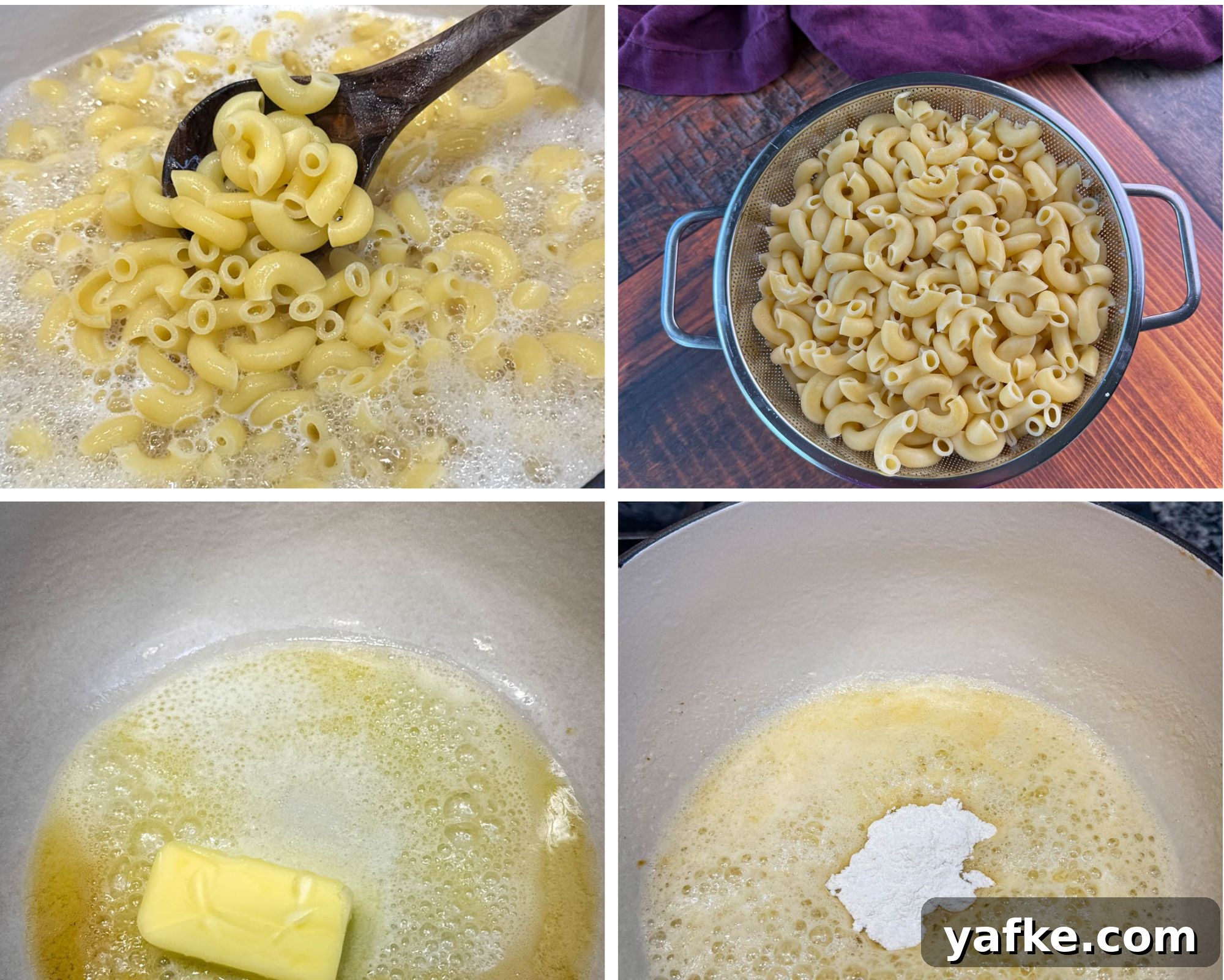 Southern Soul Food Baked Mac and Cheese Recipe 7 Four-step collage showing macaroni cooking process—elbow noodles boiling in water, drained in a colander, butter melting in a pot, and flour added to make a roux.