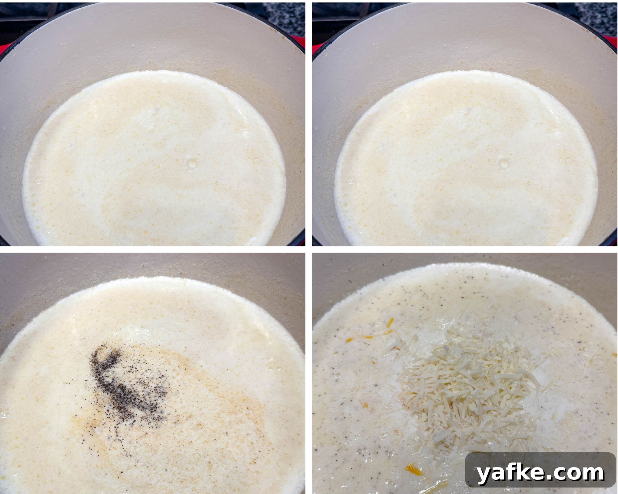Southern Soul Food Baked Mac and Cheese Recipe 8 Four-step collage of a pot on the stove—first showing milk mixture, then with seasoning, then with black pepper sprinkled in, and finally shredded cheese melting into the sauce.